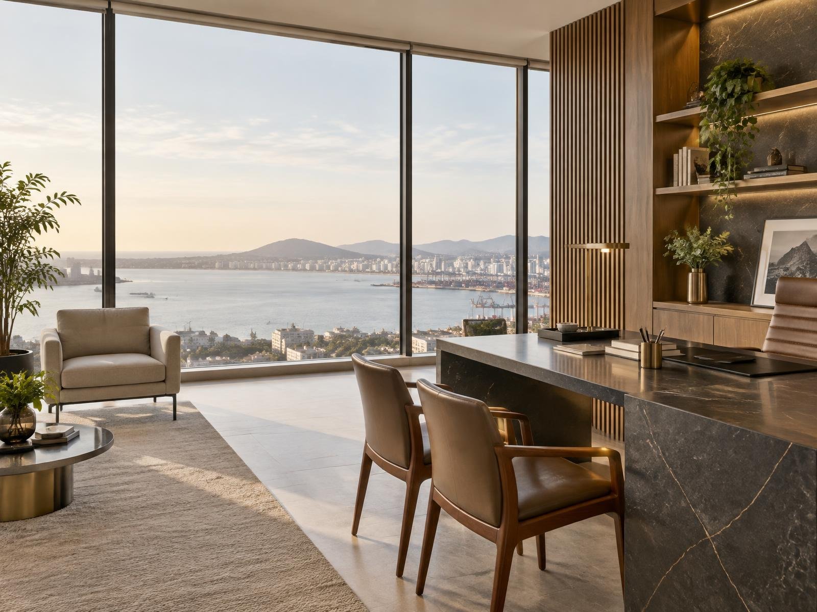 Escritório contemporâneo com vista para a cidade de Santos