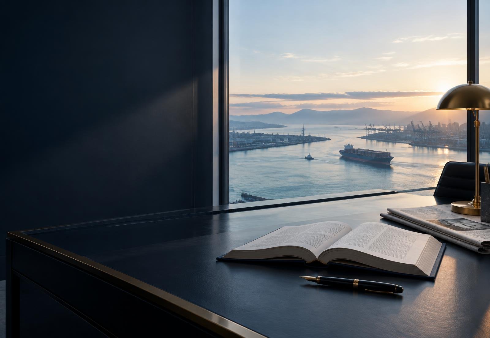 Escritório com vista para o Porto de Santos, livros jurídicos e imprensa