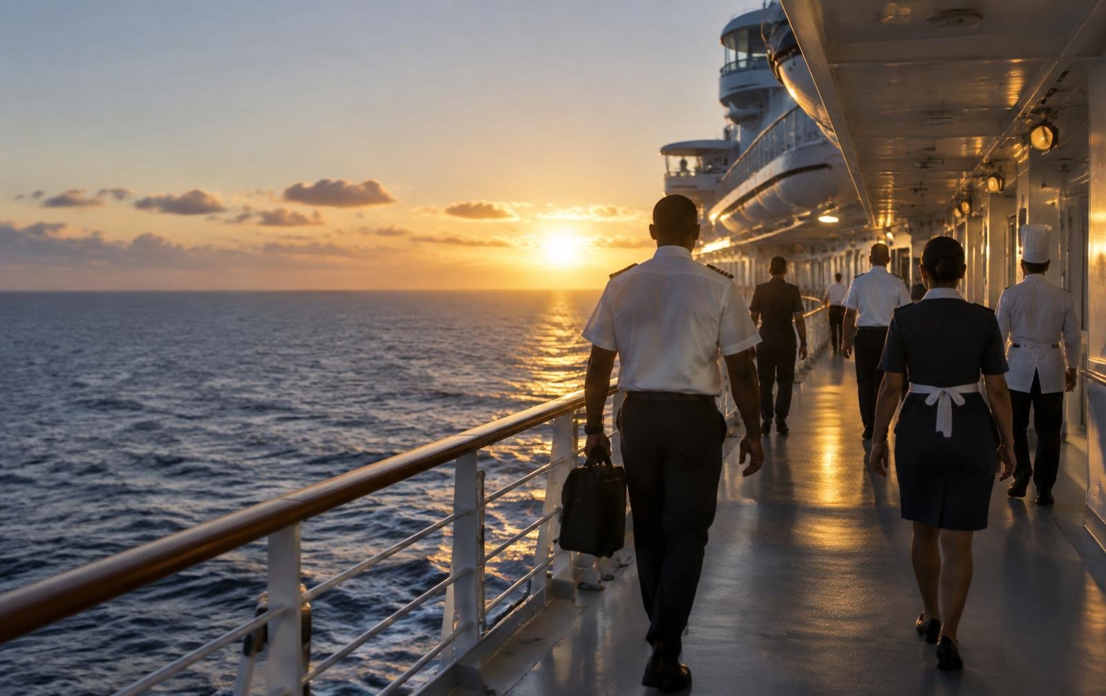 Tripulantes trabalhando no convés de um navio de cruzeiro ao amanhecer
