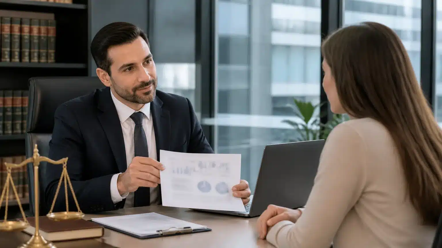 Advogado orientando cliente sobre cálculo verbas rescisórias e direitos no encerramento de contrato.
