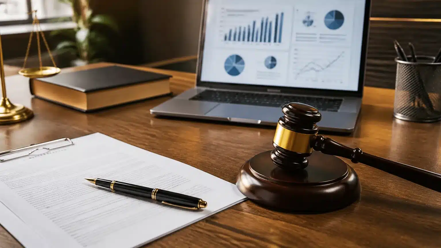 Mesa jurídica com martelo e documentos para contestar negativação indevida e buscar indenização.