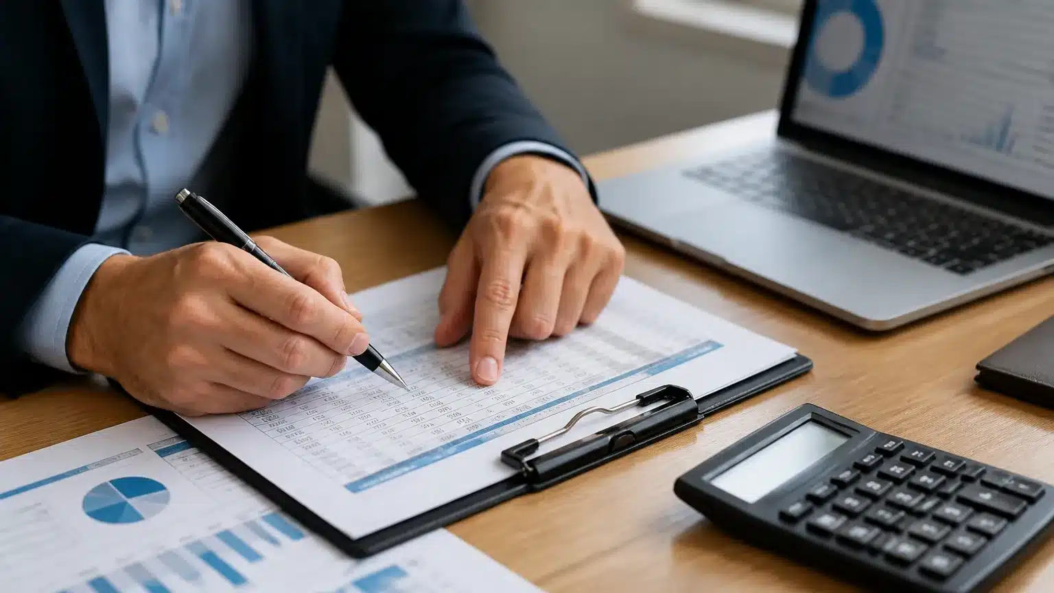 Profissional conferindo planilha e contrato para cálculo verbas rescisórias de empregado demitido.