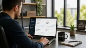 Empreendedor analisando métricas de seo para pequenas empresas em laptop no escritório.