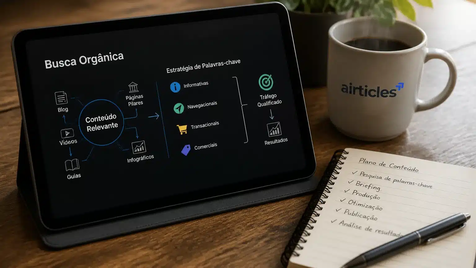 Estratégia prática de seo para pequenas empresas planejada em tablet e caderno de notas.