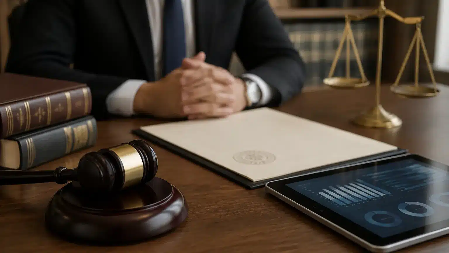 Mesa jurídica com documentos e martelo representando direitos contra cobrança indevida e devolução.